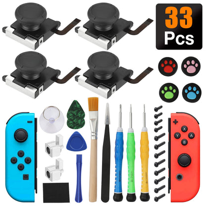 3D Replacement Joystick Analog Thumb Stick for Switch Joy-Con Controller - Switch Replacement Part Repair Kit, Thumbstick Caps / Metal Buckles and Screwdriver Pry Repair Tools for Nintendo Joycons