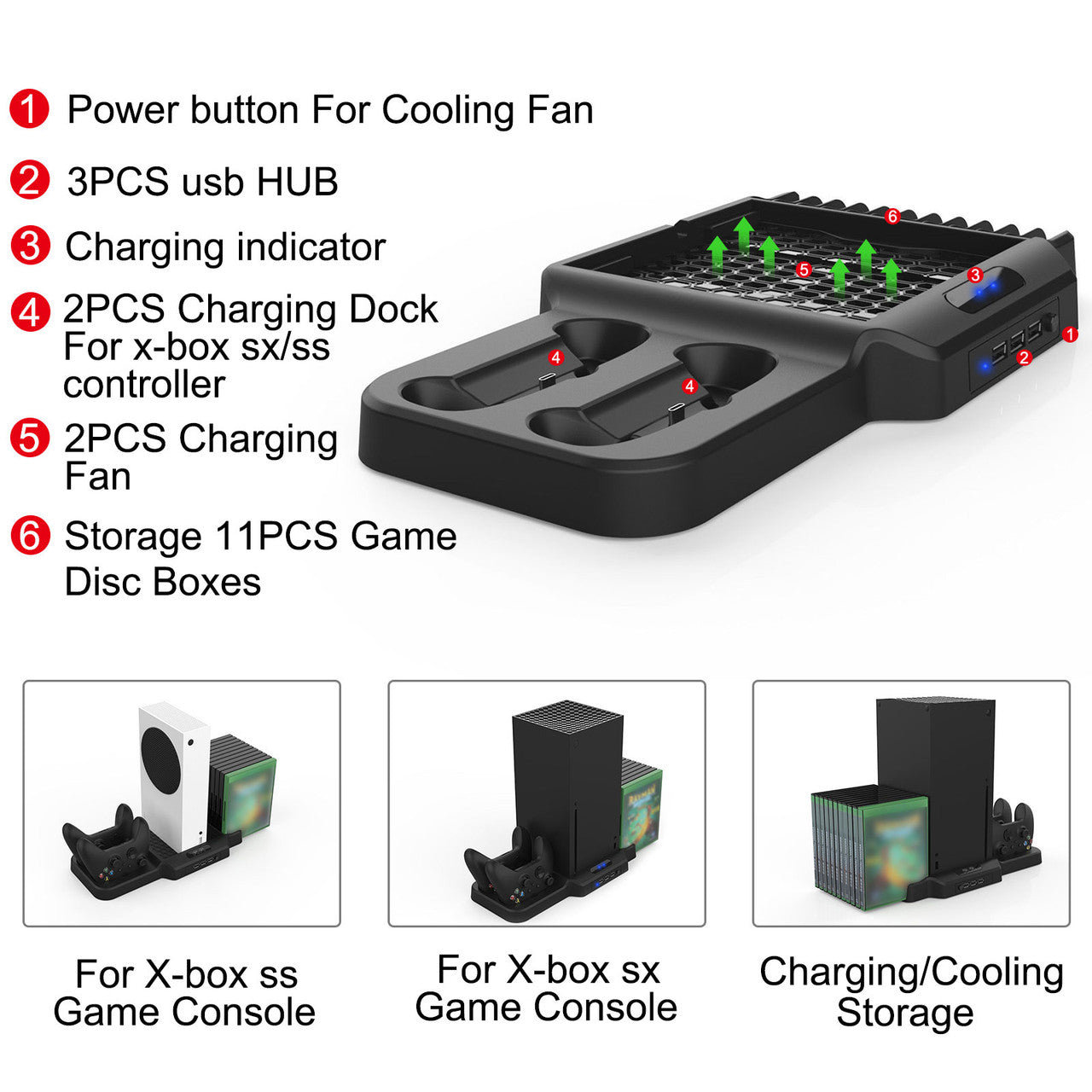 Vertical Charging Stand for Xbox Series X, Cooling Vertical Dock Stand fit for Xbox Series X - Charger Dock for Xbox Series X Controllers with Dual Cooling Fan and 3 USB Hubs
