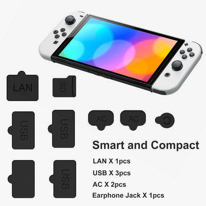 14 Packs Silicone Dust Plug Set for Nintendo Switch Oled - For Switch Oled Game Console Silicone Dust Filter Set, Thump Grip Caps & Dust Cover Hdmi USB AC SD Lan Earphone Protective Decorative Strip (Black)