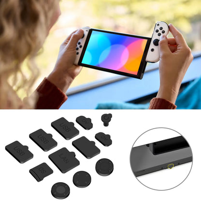 14 Packs Silicone Dust Plug Set for Nintendo Switch Oled - For Switch Oled Game Console Silicone Dust Filter Set, Thump Grip Caps & Dust Cover Hdmi USB AC SD Lan Earphone Protective Decorative Strip (Black)