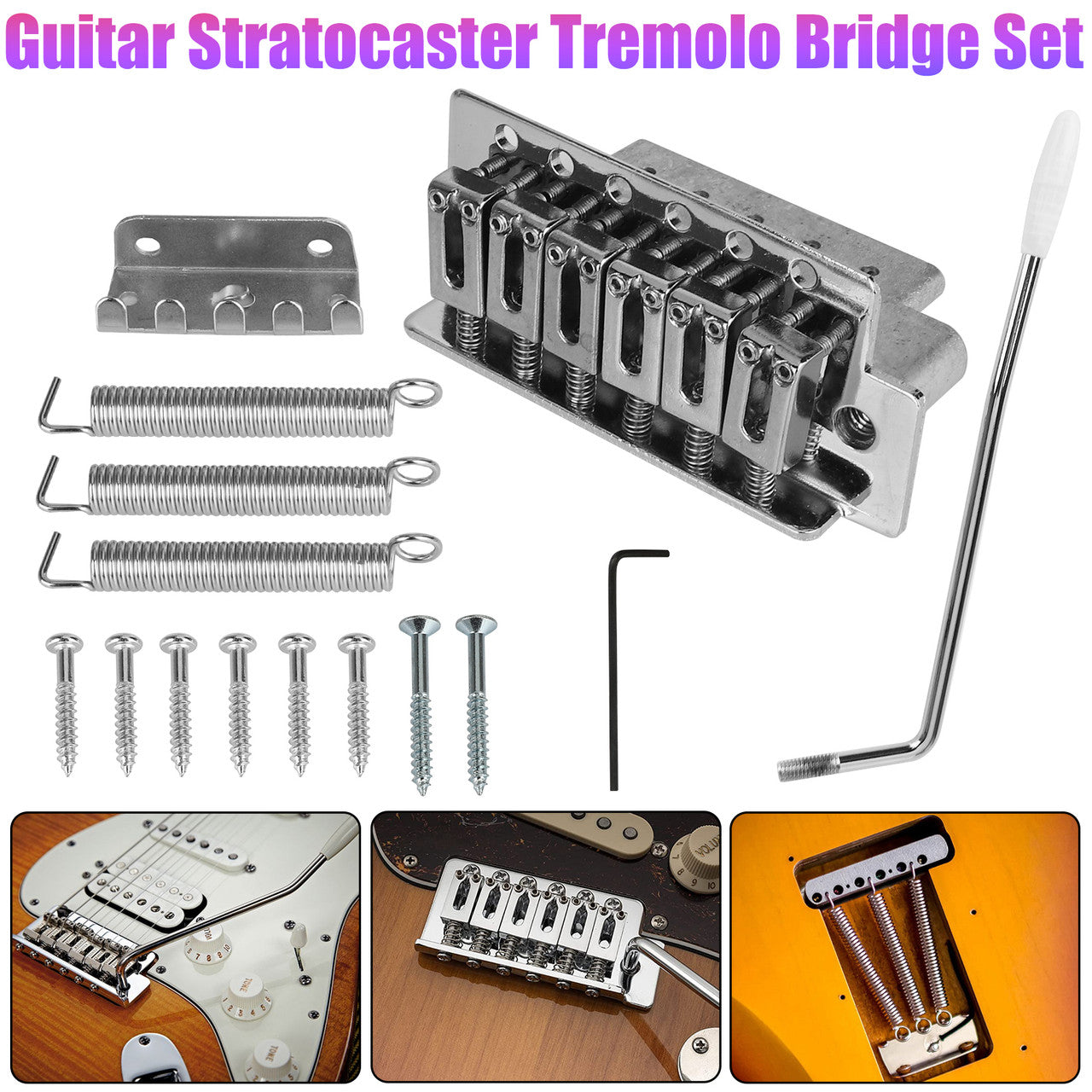 6 String Guitar Tremolo Bridge with Whammy Bar- for Fender Strat Squier Style Electric Guitar Chrome or Squier Style Electric Guitar