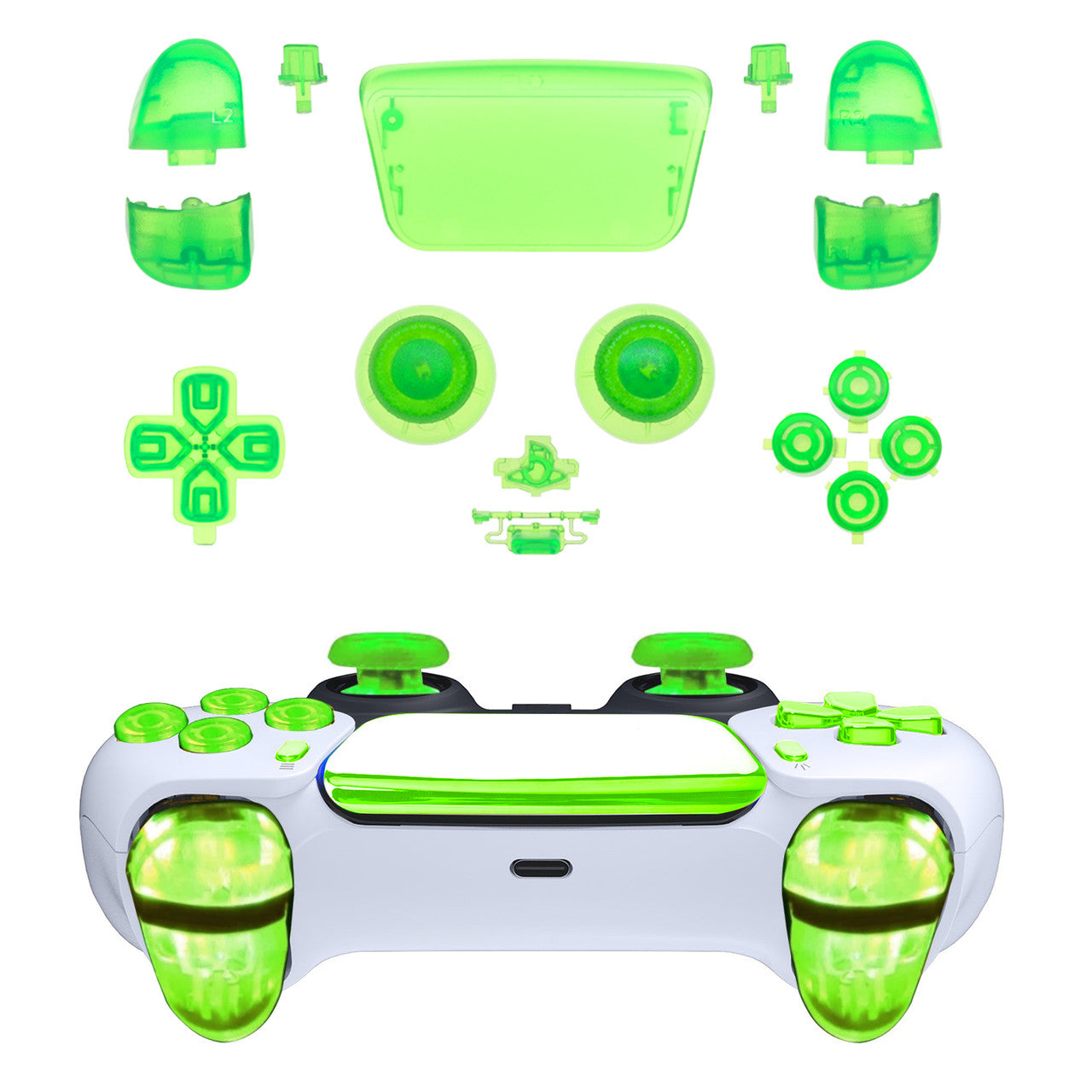 D-Pad Button Set for PS5 - Replacement Dpad R1 L1 R2 L2 Triggers Share Options Face Buttons Clear Blue Full Set Buttons  (Fluorescent Green)