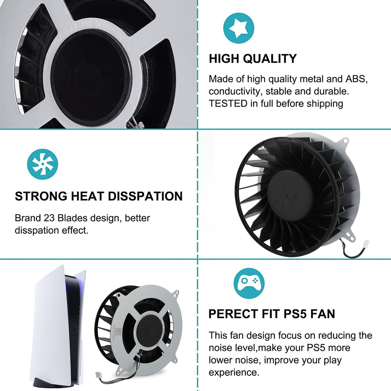 Cooling Fan Accessories for PS5 - LED Light,for Both Disc and Digital Editions,d,High-Quality silent 23 blades PS5 fan replacement