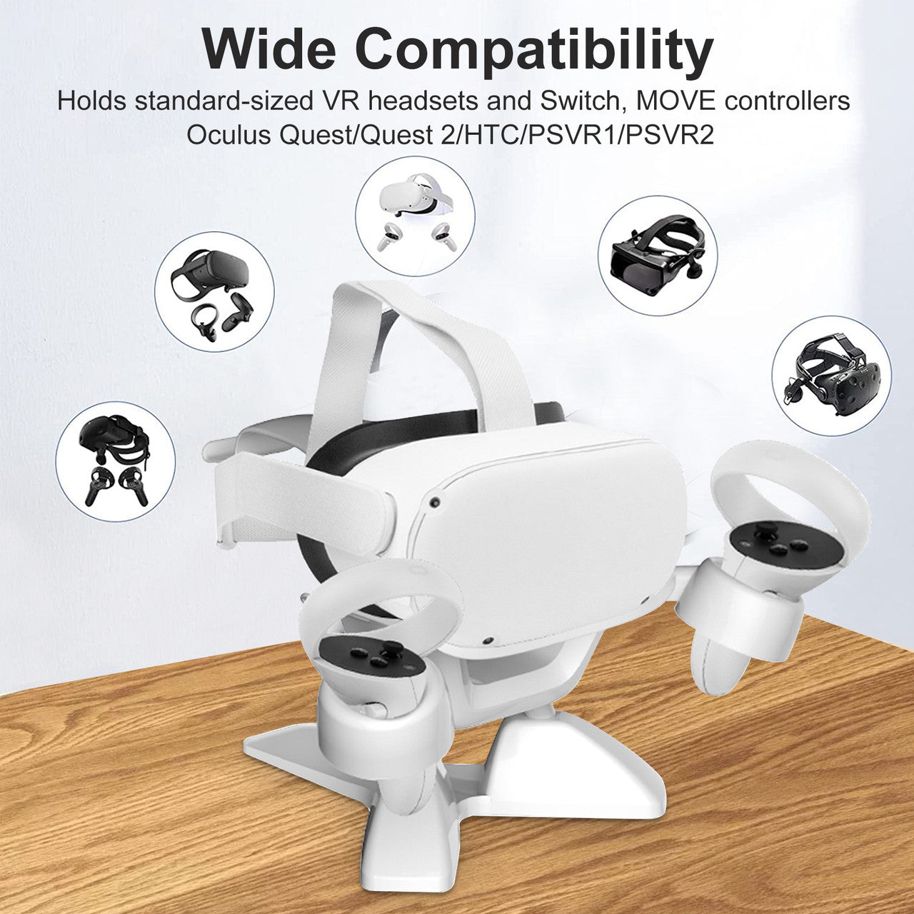VR Stand Compatible - For Quest 2, Quest, Rift, Rift S, Valve Index Headsets & Touch Controllers (White)