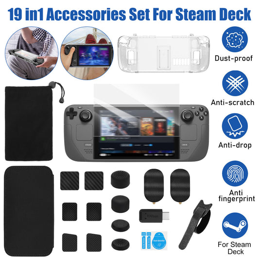 19-IN-1 Accessories Set - For Steam Deck Protective Case with HD Screen Protector,  and additional protective stickers (Black)