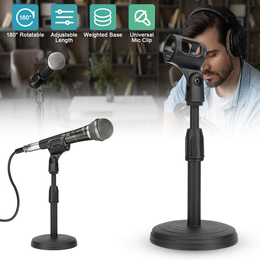 Adjustable Desktop Microphone Stand - Stable Weighted Base, Screw-In Style, Universal Mic Clip, Black