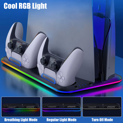 RGB Vertical Stand Cooling Station - for PS5 Disc & Digital Editions Dual Controllers Charger Station, Accessories for Console Headset Holder, 6 Game Slots (Black)