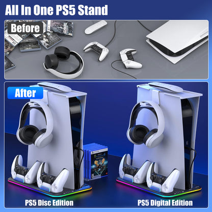 RGB Vertical Stand Cooling Station - for PS5 Disc & Digital Editions Dual Controllers Charger Station, Accessories for Console Headset Holder, 6 Game Slots (Black)