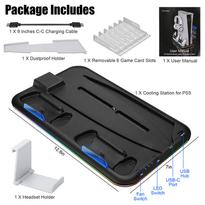 RGB Vertical Stand Cooling Station - for PS5 Disc & Digital Editions Dual Controllers Charger Station, Accessories for Console Headset Holder, 6 Game Slots (Black)