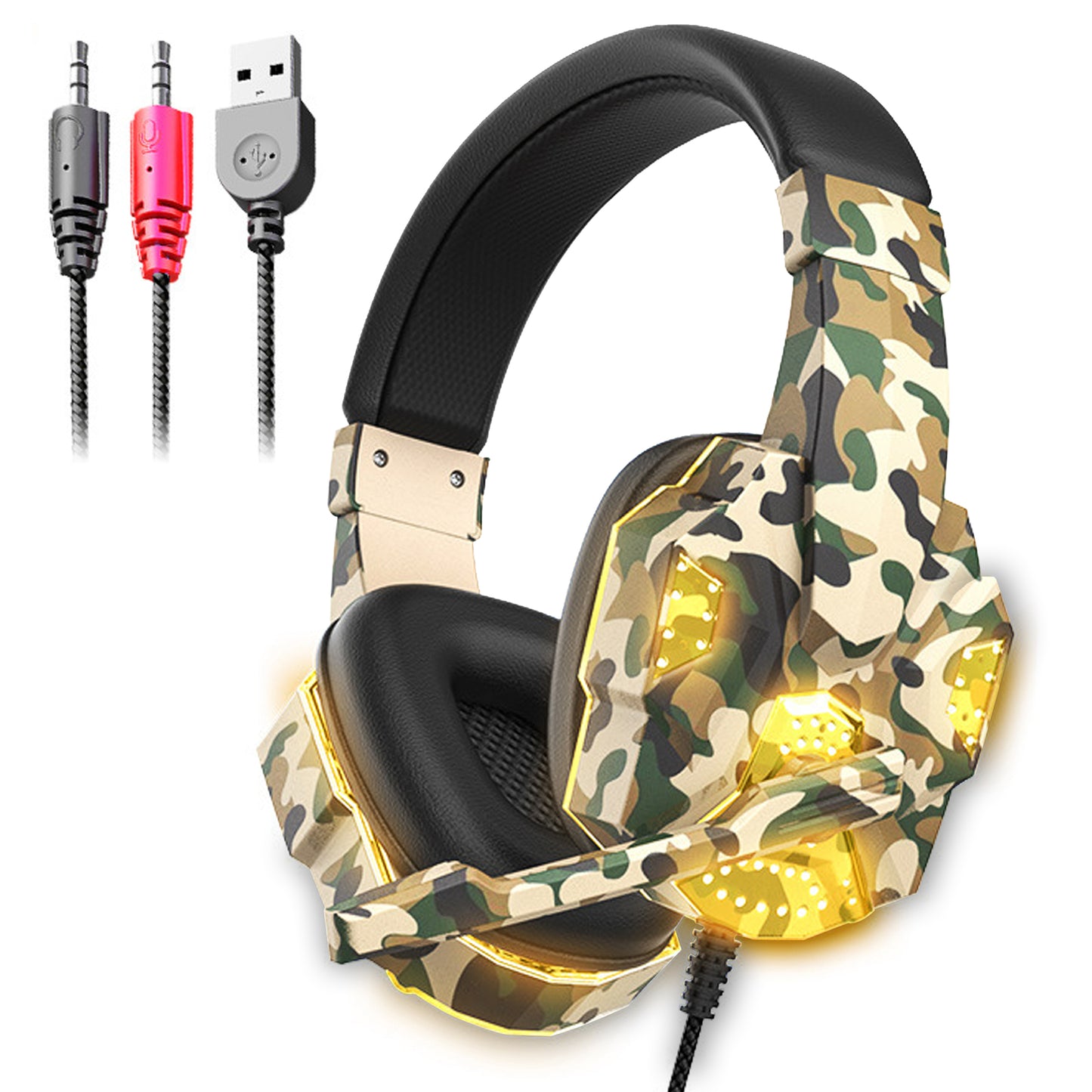 3.5mm Wired Over-Ear Headphones - with 7.1 Surround Sound, PC Headset with Noise Canceling Mic & LED Light, H3 Over Ear Headphones for Nintendo Switch, PS5, Xbox One, Laptop (Camo Yellow)