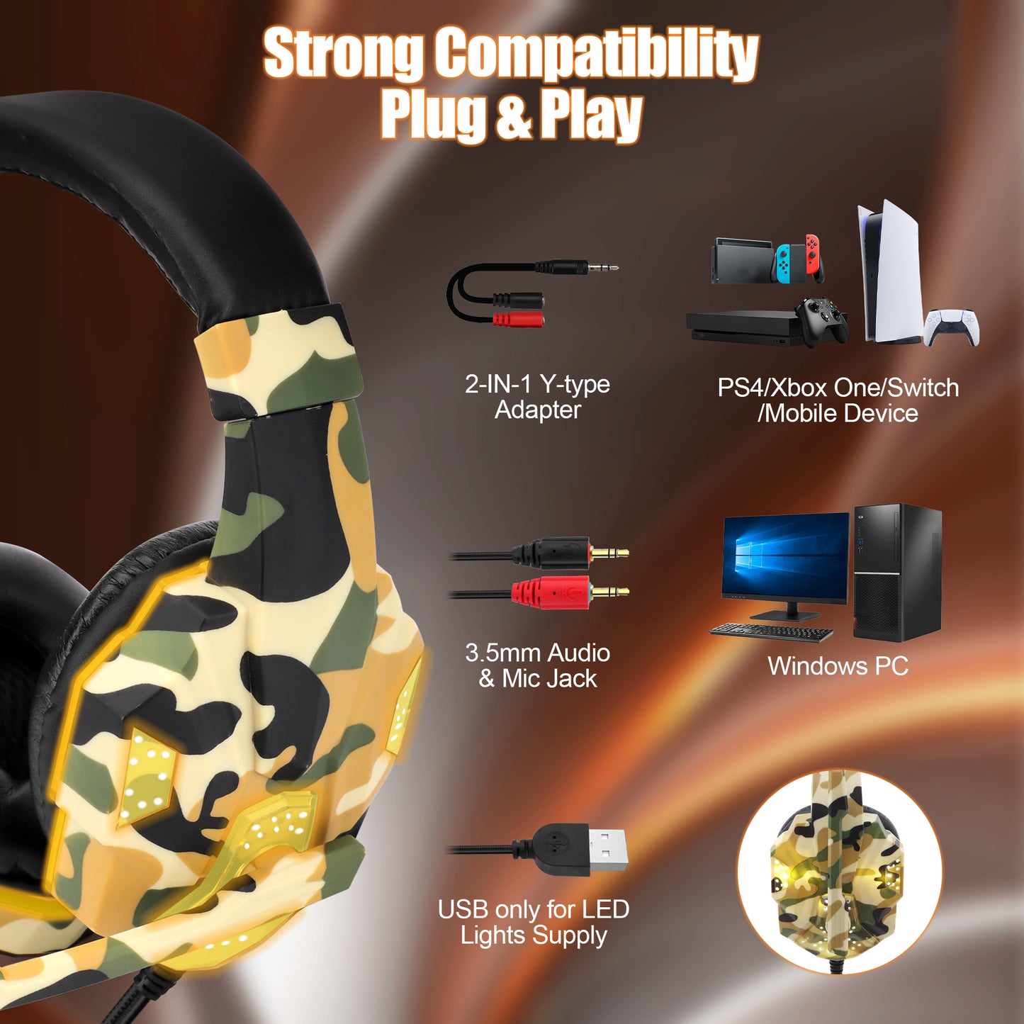 3.5mm Wired Over-Ear Headphones - with 7.1 Surround Sound, PC Headset with Noise Canceling Mic & LED Light, H3 Over Ear Headphones for Nintendo Switch, PS5, Xbox One, Laptop (Camo Yellow)