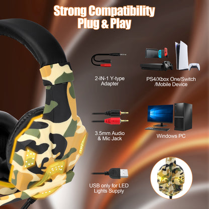 3.5mm Wired Over-Ear Headphones - with 7.1 Surround Sound, PC Headset with Noise Canceling Mic & LED Light, H3 Over Ear Headphones for Nintendo Switch, PS5, Xbox One, Laptop (Camo Yellow)