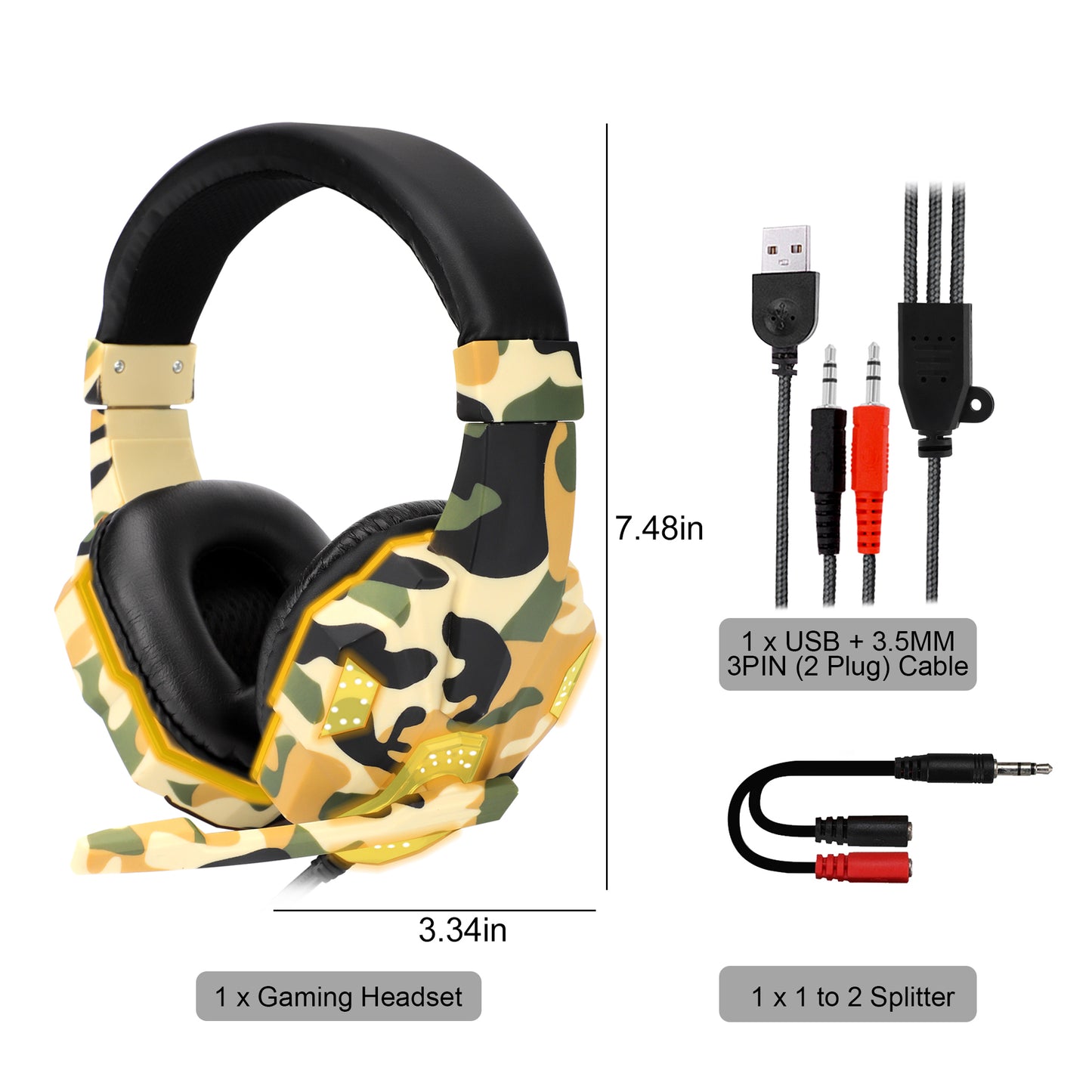 3.5mm Wired Over-Ear Headphones - with 7.1 Surround Sound, PC Headset with Noise Canceling Mic & LED Light, H3 Over Ear Headphones for Nintendo Switch, PS5, Xbox One, Laptop (Camo Yellow)