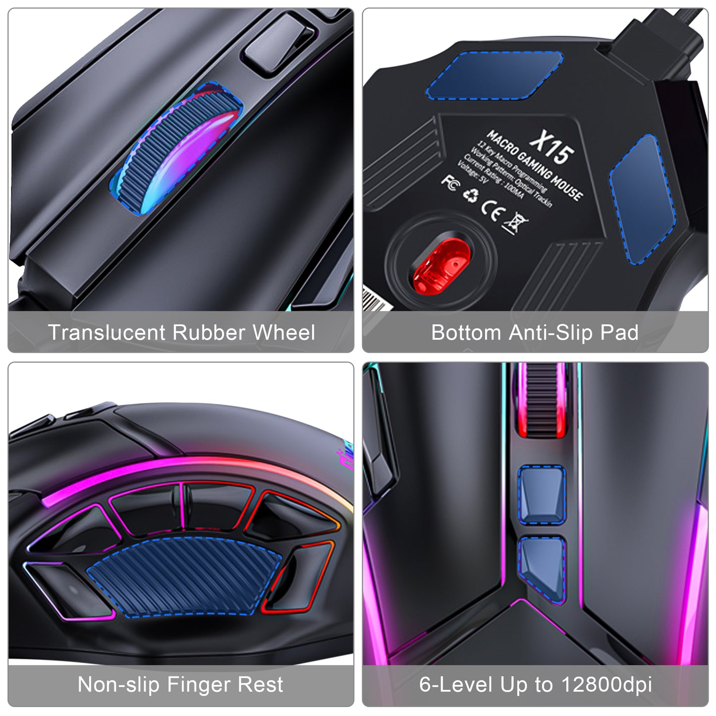 RGB USB Wired 12 Programmable Buttons Gaming Mouse - Computer/PC Mice with Up to 12800 DPI 6 Adjustable DPI with 13 RGB Light Modes (Black)