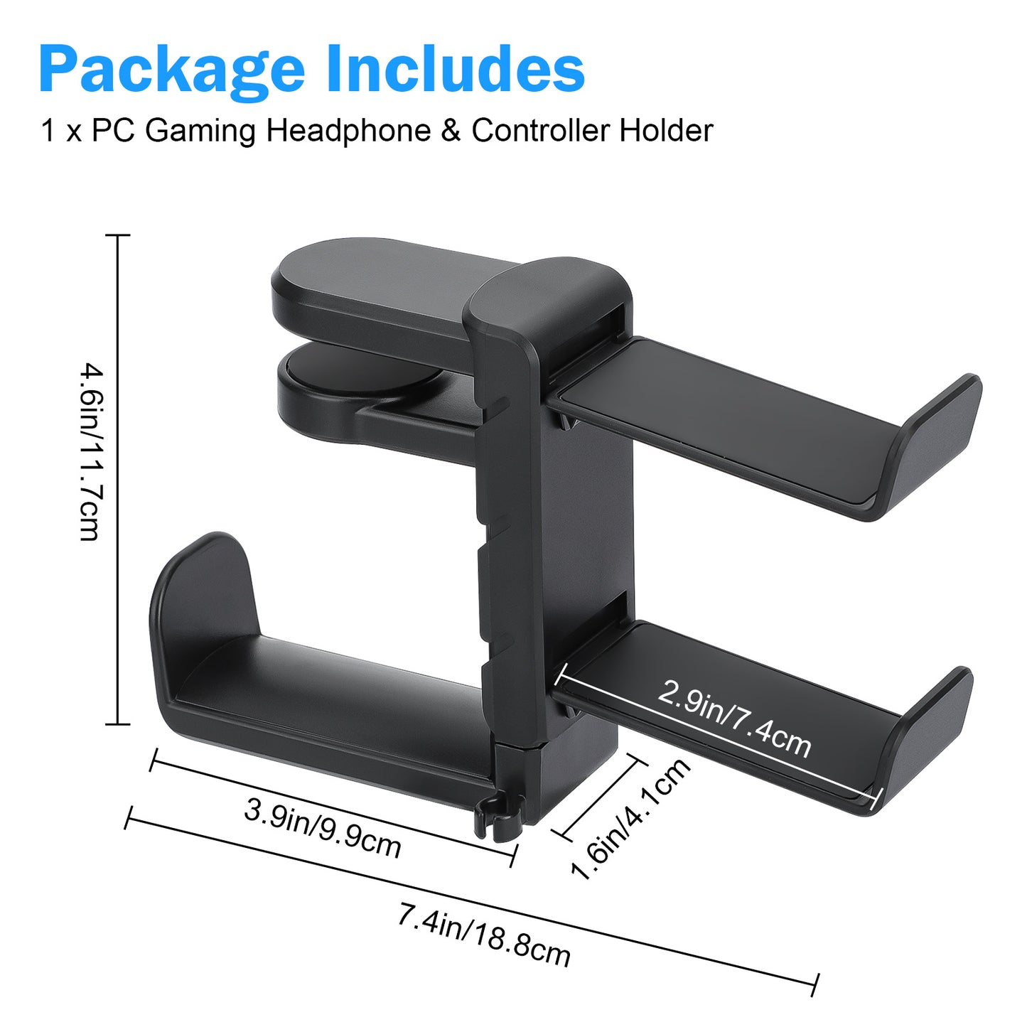 3-In-1 360° Rotating Headphone & Controller Stand Holder - Headphones Hanger Adjustable & Rotating Arm Clamp,Headphone Stand Under Desk, Universal Headset Controllers Hook With Cable Organizer (Black)