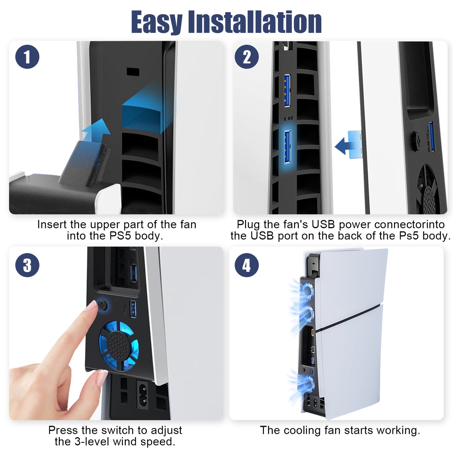 PS5 Slim External Cooling Fan Holder with LED Light - Adjustable Fan Speed Horizontal Cooler System, USB Hub for PS5 Slim Disc/ Digital