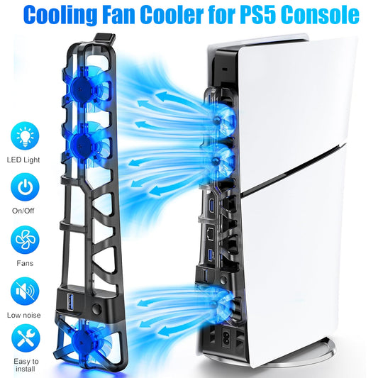 LED External PS5 Slim Silent Enhanced Cooling Fan - Adjustable Speed,with USB 3.0 Hub for Disc & Digital Editions for PlayStation 5 PS5 Slim Disc/ Digital (Black)
