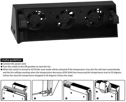 Professional 3 Fans USB External Turbo Temperature Control Cooler Cooling Fan for Playstation 4 Slim Console, Black