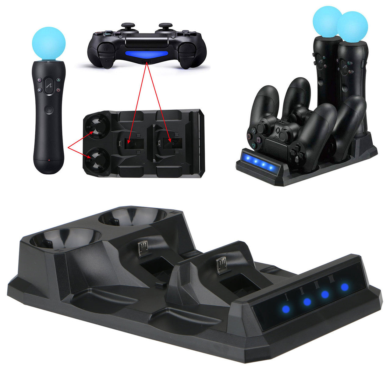 4 in 1 Dual Controller Charger Dock Station Desk Charging Stand with LED Indicator For Playstation PS4 PSVR VR Move