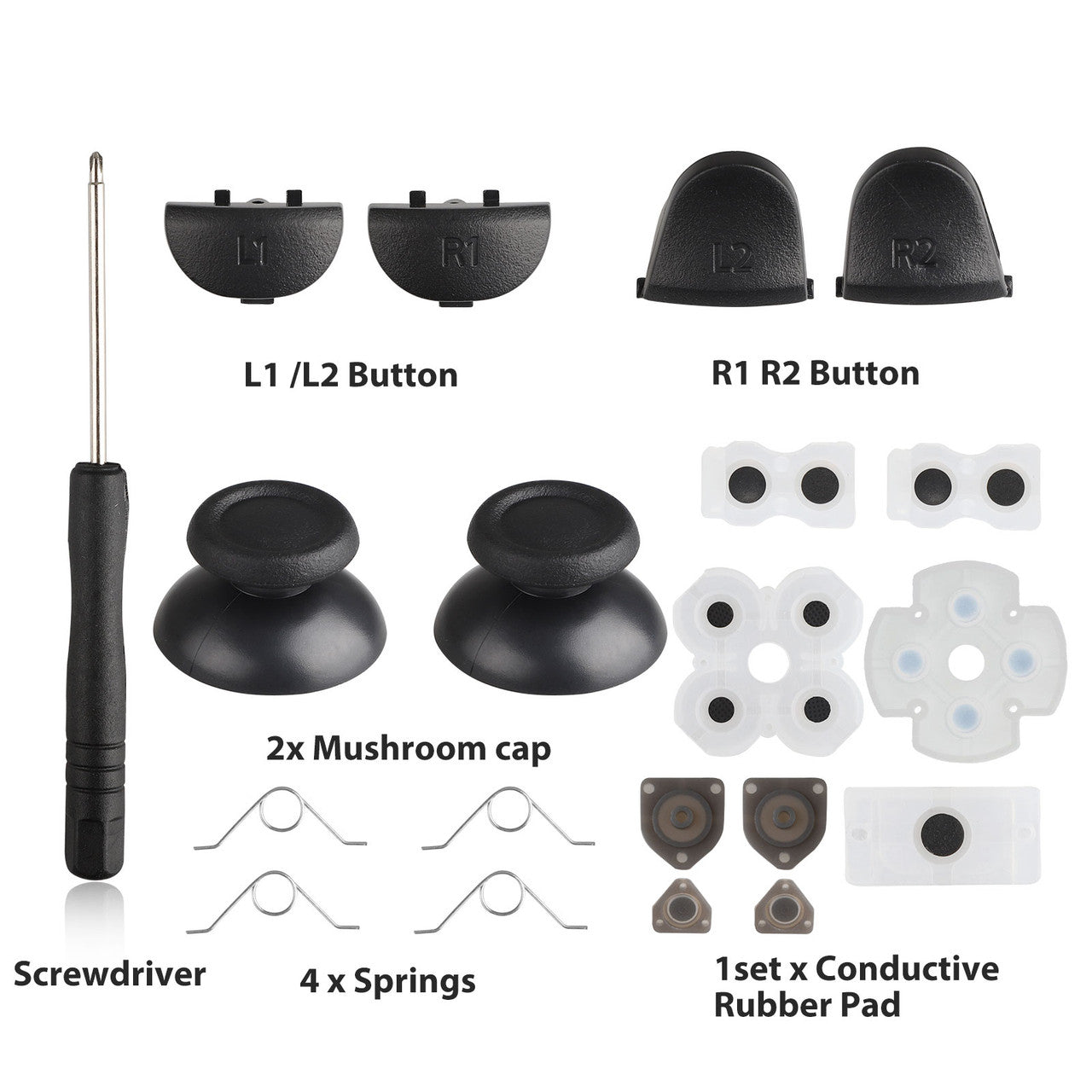 L2 R2 L1 R1 Conductive Buttons Rubber Replacement Repair Parts Conductive Rubber Pads Perfectly Fit for Sony Playstation 4 PS4 Controller w/ Joystick Silicone Caps + Mushroom Caps and more