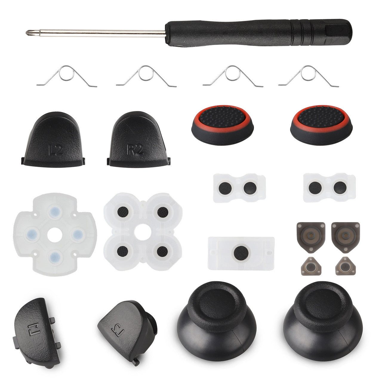 L2 R2 L1 R1 Conductive Buttons Rubber Replacement Repair Parts Conductive Rubber Pads Perfectly Fit for Sony Playstation 4 PS4 Controller w/ Joystick Silicone Caps + Mushroom Caps and more