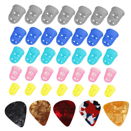 Guitar Silicone Finger Protection Finger Protector Covers Caps + Guitar Picks in 5 Sizes for Beginner Playing, 40PCS