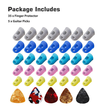 Guitar Silicone Finger Protection Finger Protector Covers Caps + Guitar Picks in 5 Sizes for Beginner Playing, 40PCS