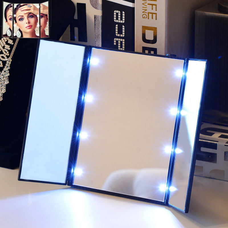 Makeup Mirror with 8 LED Lights, Makeup Mirror Cosmetic Stand Foldable Tri-sided Lighted Beauty Vanity Mirror for Tri-fold Beauty Cosmetic Travel Compact Design
