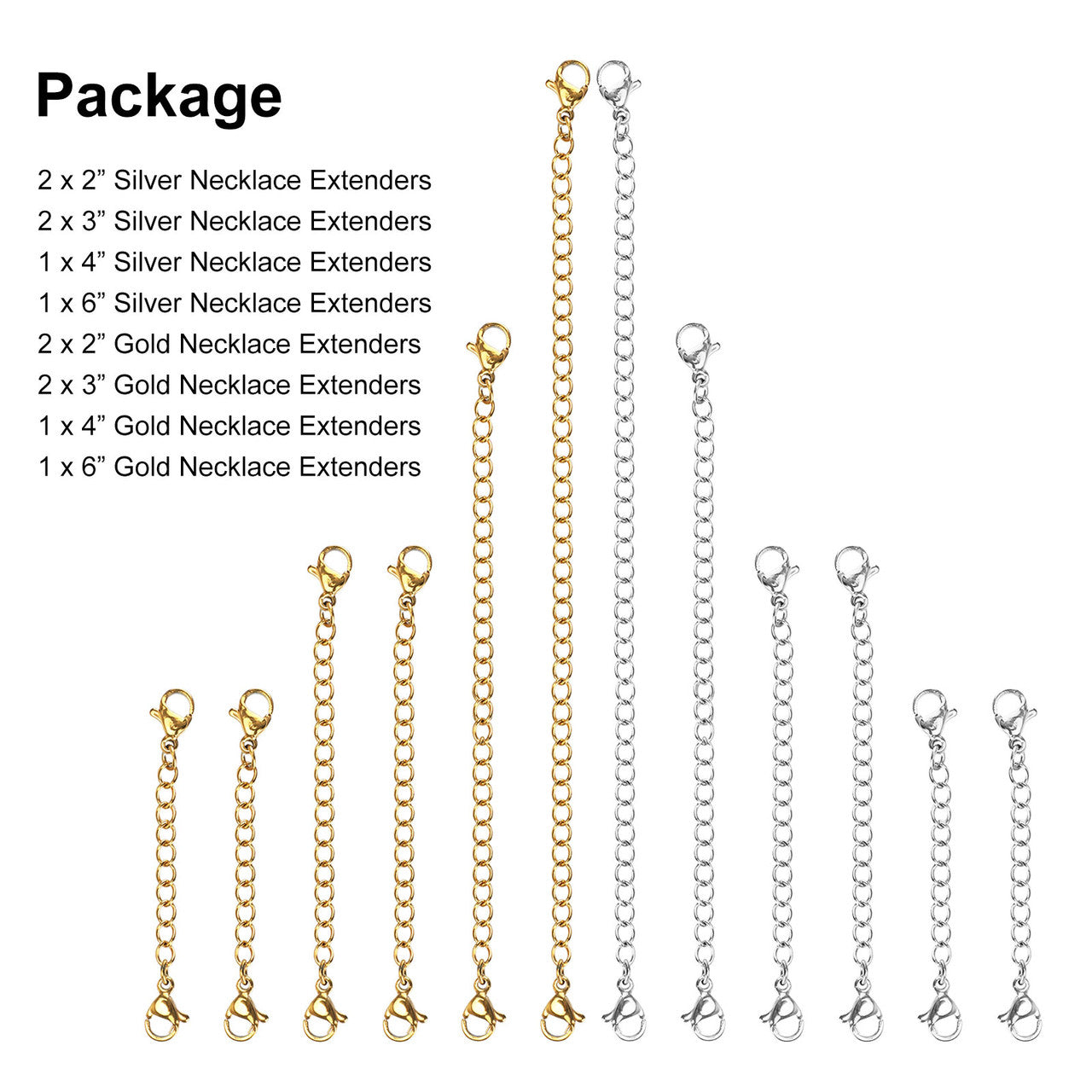 Necklace Extenders, Stainless Steel Necklace Bracelet Extender Chain Set, Anklet Extension Chains with Double Lobster Clasps and Closures for Jewelry Making, Fine Chain (Silver and Golden), 12Pcs