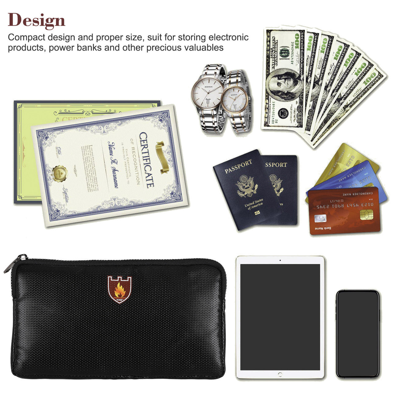 Fireproof Money Safe Document Bag. 8.2"*4.7" Fire & Water Resistant Safe Cash Bag. Fireproof Safe Storage for important File Folder Holder, Money, Document, Ipad, Jewelry and Passport