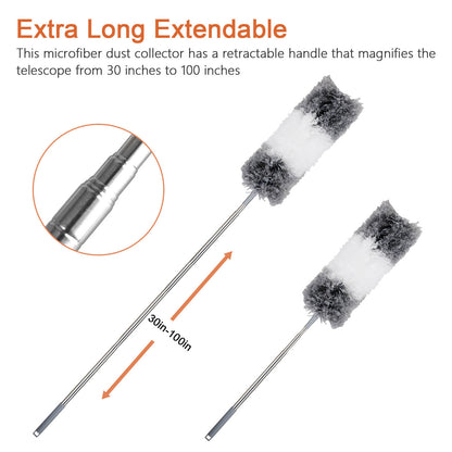 Microfiber Duster with Extension Pole, Extra Long 100 inches, with Bendable Head, Extendable Duster for Cleaning High Ceiling Fan, Interior Roof, Cobweb, Gap Dust- Wet or Dry Use