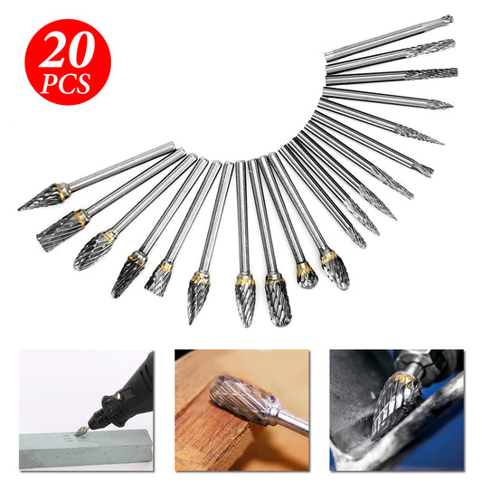 Carbide Burr Set Shank Diameter Double Cut Tungsten Carbide Burs Rotary File Carving Grinding Bit for Die Grinder Rotary Drill Tool (20pcs)