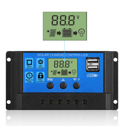 Solar Charge Controller, Dual USB Port Solar Panel Battery Intelligent Regulator, Multi-Function Adjustable LCD Display Street Light Controller, 30A