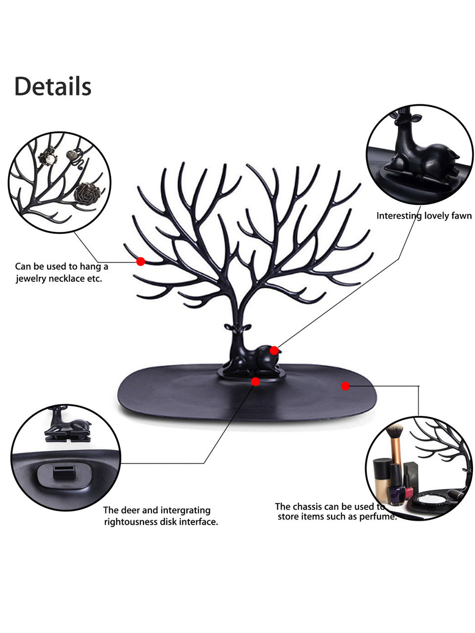 Jewelry Deer Tree Stand Display Organizer Necklace Ring Earring Holder Show Rack - Necklace Earring Bracelet Holder Necklace Jewelry Organizer Tree Hooks Rack Stand Ring Dish Tray-Black