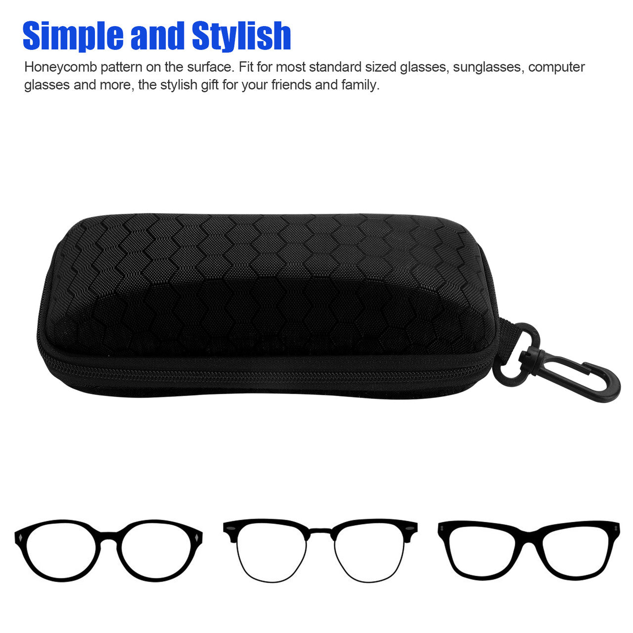 Zipper Eyeglasses Case, Glasses Sunglasses Case Box Protector, Portable Travel Zipper Eyeglasses Case Hook for Men & Women or Children, Black