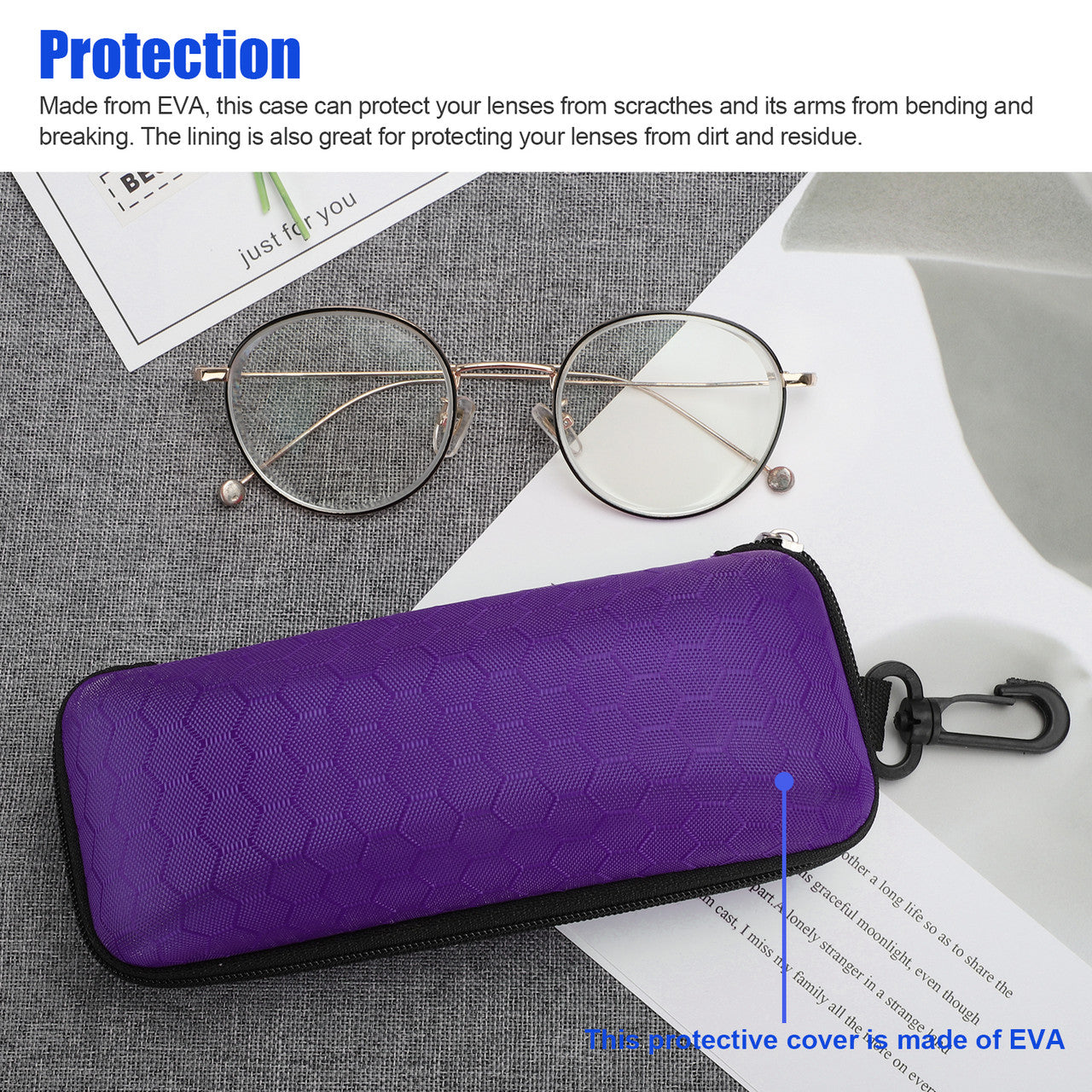 Zipper Eyeglasses Case, Glasses Sunglasses Case Box Protector, Portable Travel Zipper Eyeglasses Case Hook for Men & Women or Children, Purple