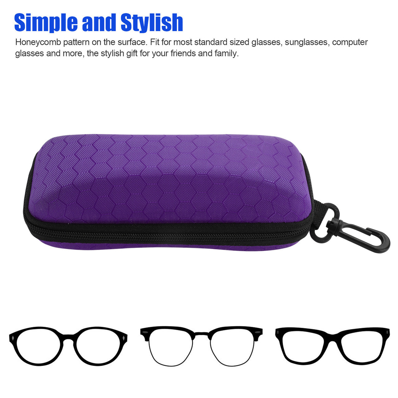 Zipper Eyeglasses Case, Glasses Sunglasses Case Box Protector, Portable Travel Zipper Eyeglasses Case Hook for Men & Women or Children, Purple