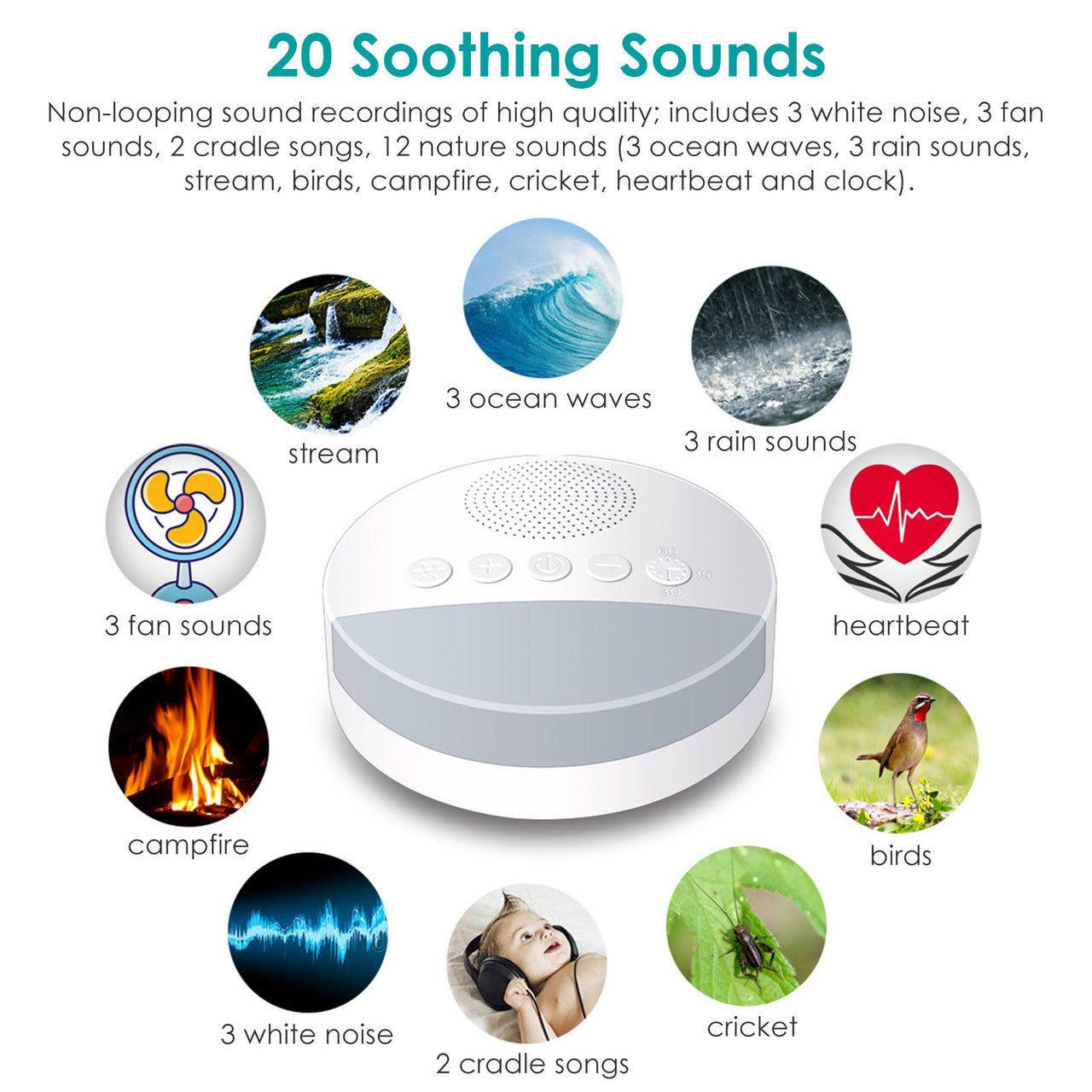 White Noise Machine, Sound Machine for Sleeping, with Baby Soothing Night Light, 20 Soothing Sounds and Timer Memory Adjustable Volume Function, Sleep Sound Therapy for Home Office Baby and Adults