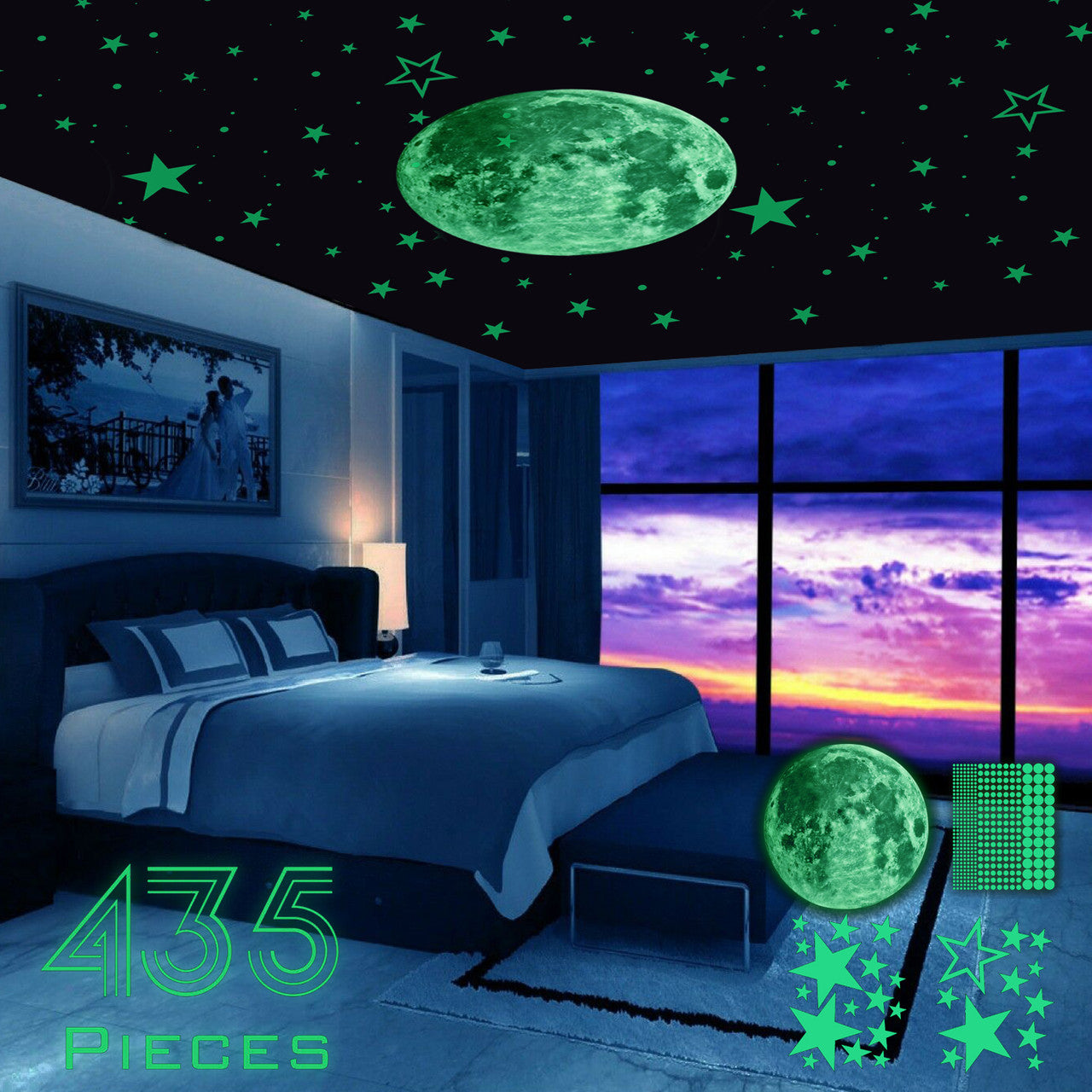 Adhesive Bright Glowing Dot and Realistic Stars and Full Moon for Starry Sky, Shining Decoration for Girls and Boys, Beautiful Wall Decals, 435pcs