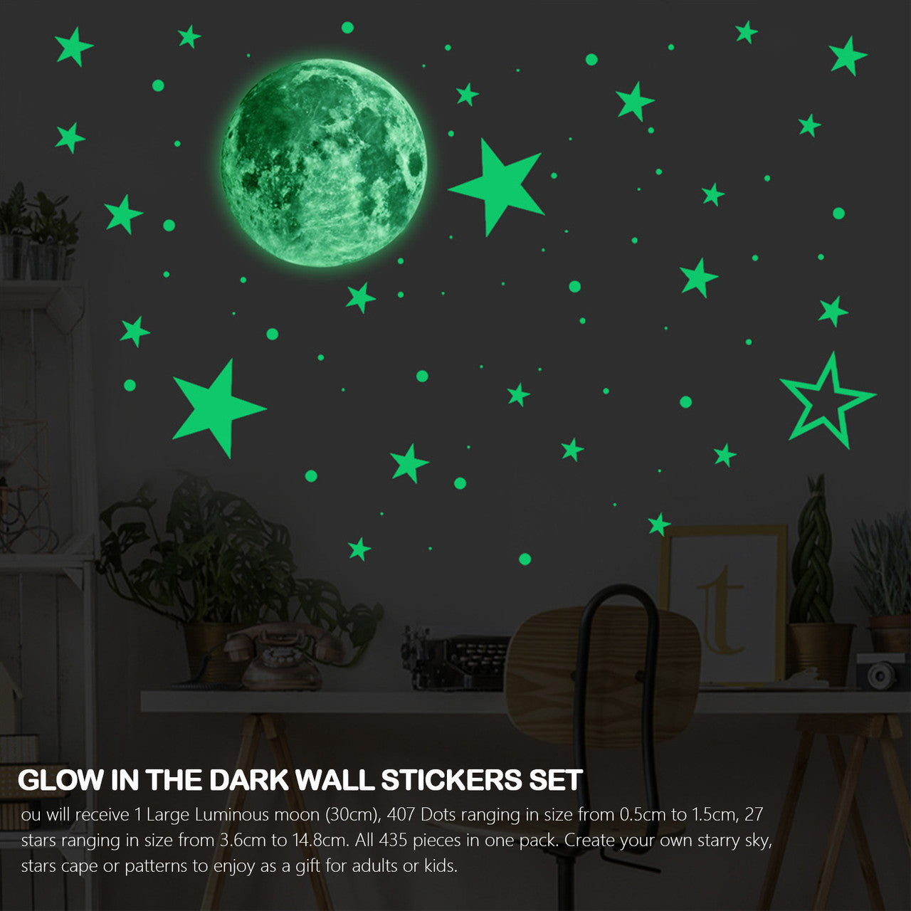 Adhesive Bright Glowing Dot and Realistic Stars and Full Moon for Starry Sky, Shining Decoration for Girls and Boys, Beautiful Wall Decals, 435pcs