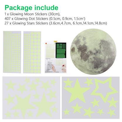 Adhesive Bright Glowing Dot and Realistic Stars and Full Moon for Starry Sky, Shining Decoration for Girls and Boys, Beautiful Wall Decals, 435pcs