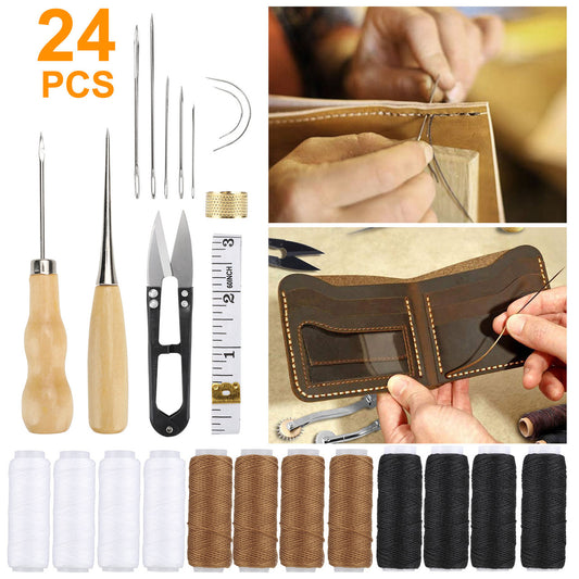 Leather Craft Tools, DIY Stitching Sewing Hand Tool, Upholstery Repair Kit with 7 Needles, 3 Color Threads, Drilling Awl for Stitching Punching Cutting Sewing Leather Craft Making, 24Pcs