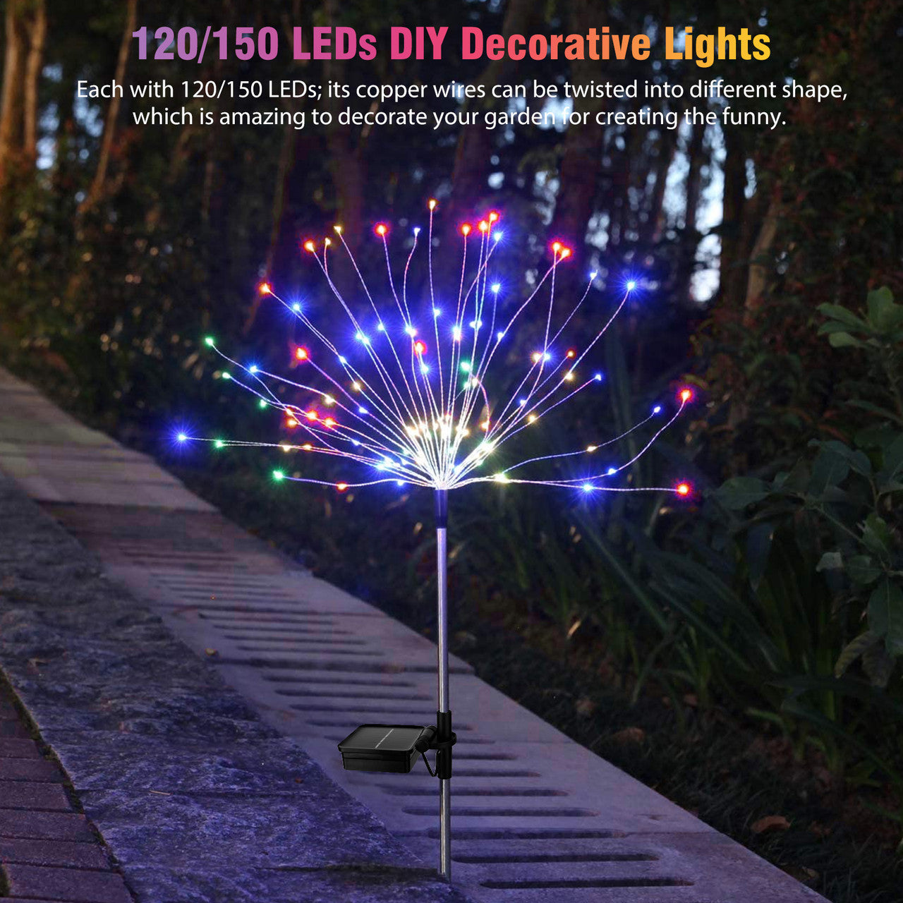 LED Solar Firework Stake Lights 8 Modes IP64 Waterproof DIY Copper Wire for Walkway Backyard Lawn
