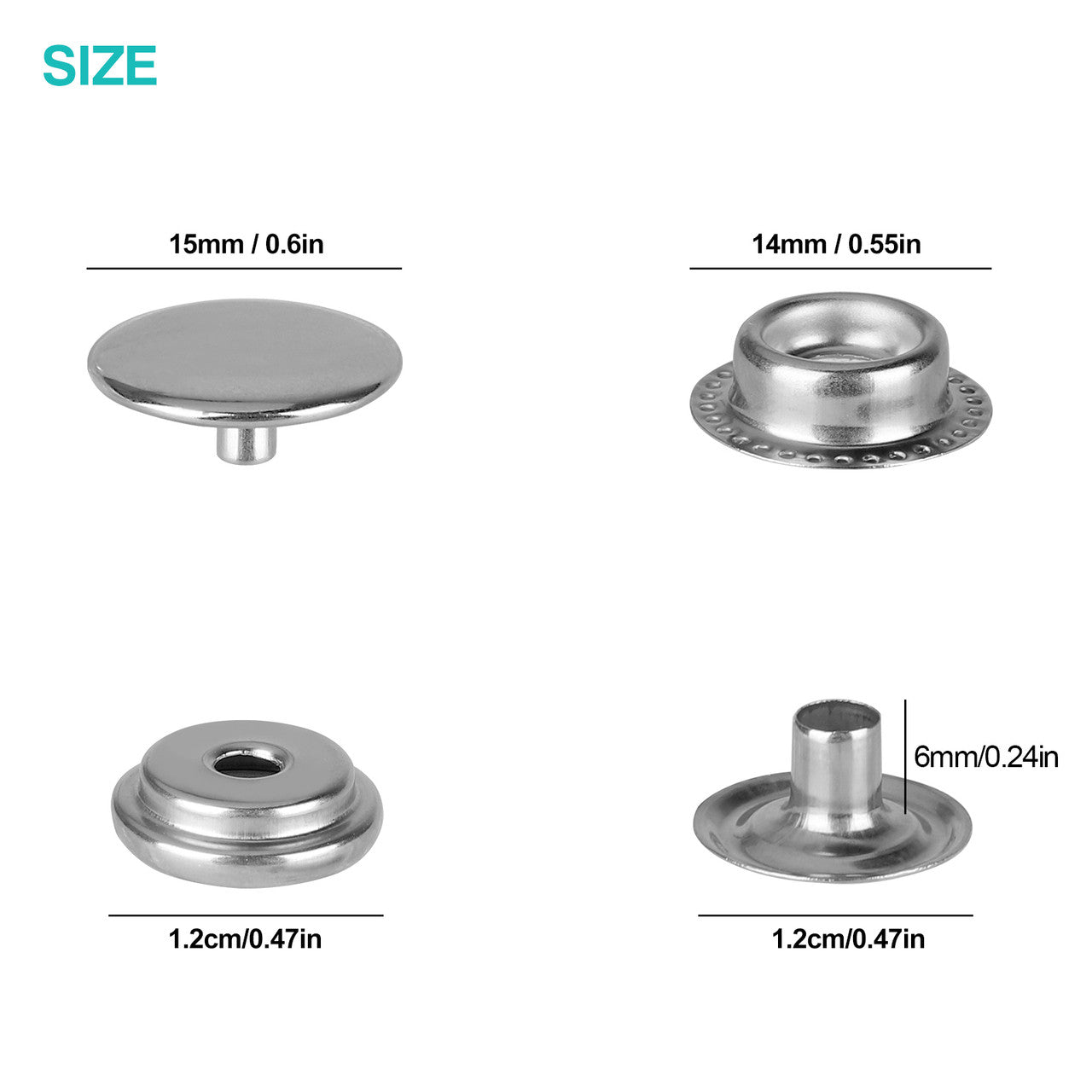 Stainless Steel Fastener Set Cap Diameter 15mm, Snap Press Stud Cap Button Kit for Marine Boat Canvas Jackets Bags Leather Craft Sewing (4 Components, 25 Pcs for Each), 100Pcs