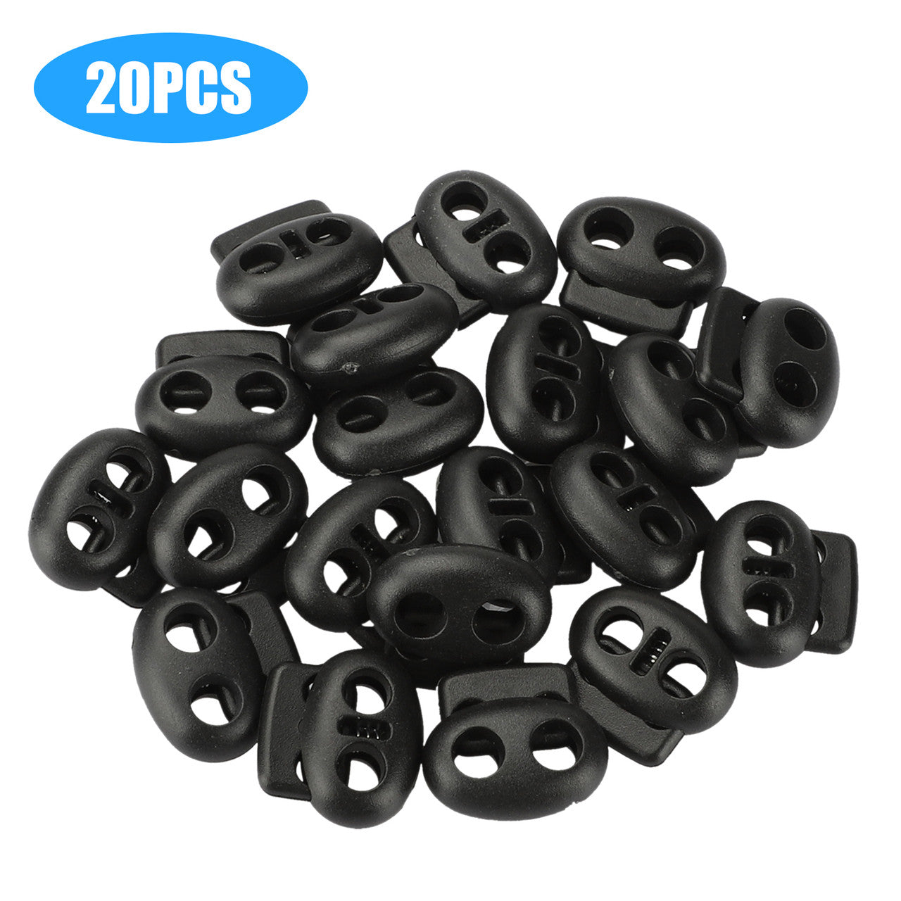 Double Holes Plastic Cord Locks, Plastic End Spring Toggle Stoppers, Sliding Clip Ends Round Fastener Buttons, Black, 20Pcs