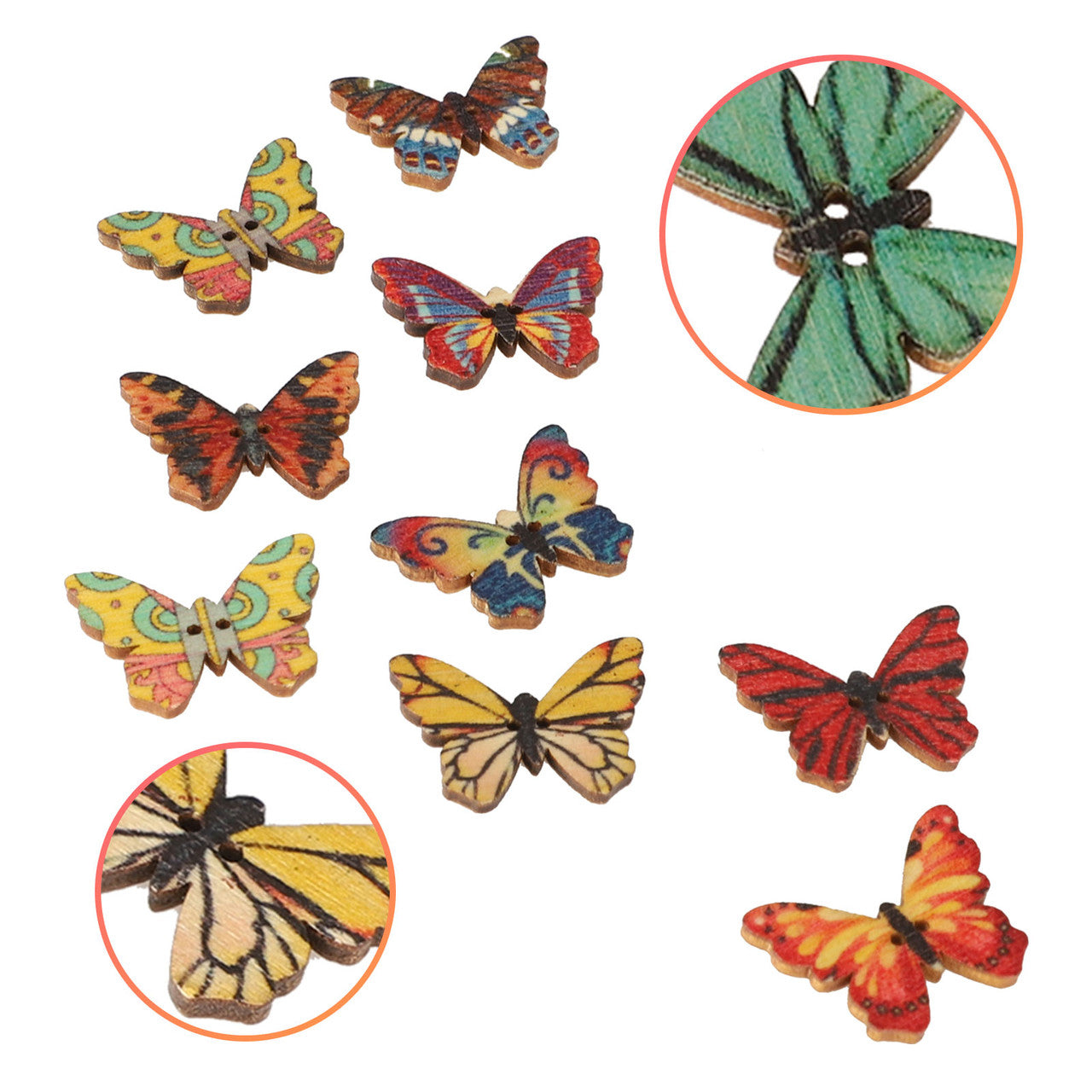 Butterfly-shaped Wooden Buttons Novelty Mixed Color Random Fashion Round, 2 Holes Buttons for DIY Sewing Crafting Scrapbook Retro Pattern Decorative Cartoon Button, 1 Inch, 100Pcs