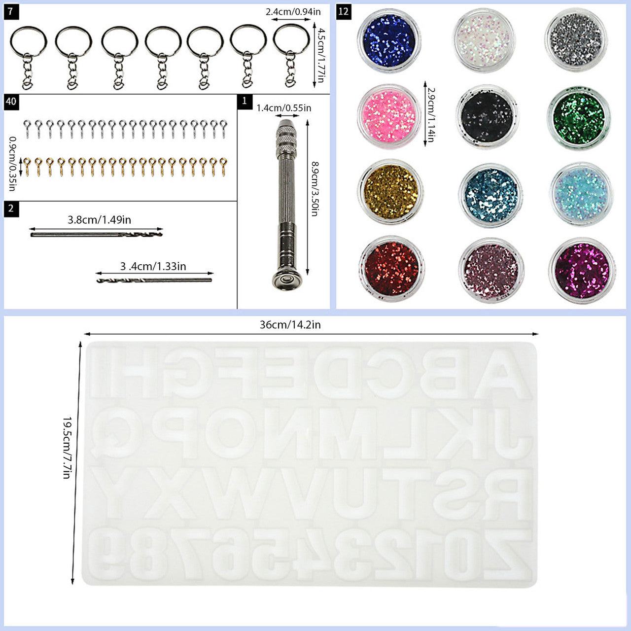 Backward Letter Number Keychain Craft Casting Molds, DIY Jewelry Epoxy Molds Kit w/ Letter Resin Molds, Screw Eye Pins, Silver Key Rings, Shining Paillette, 70Pcs