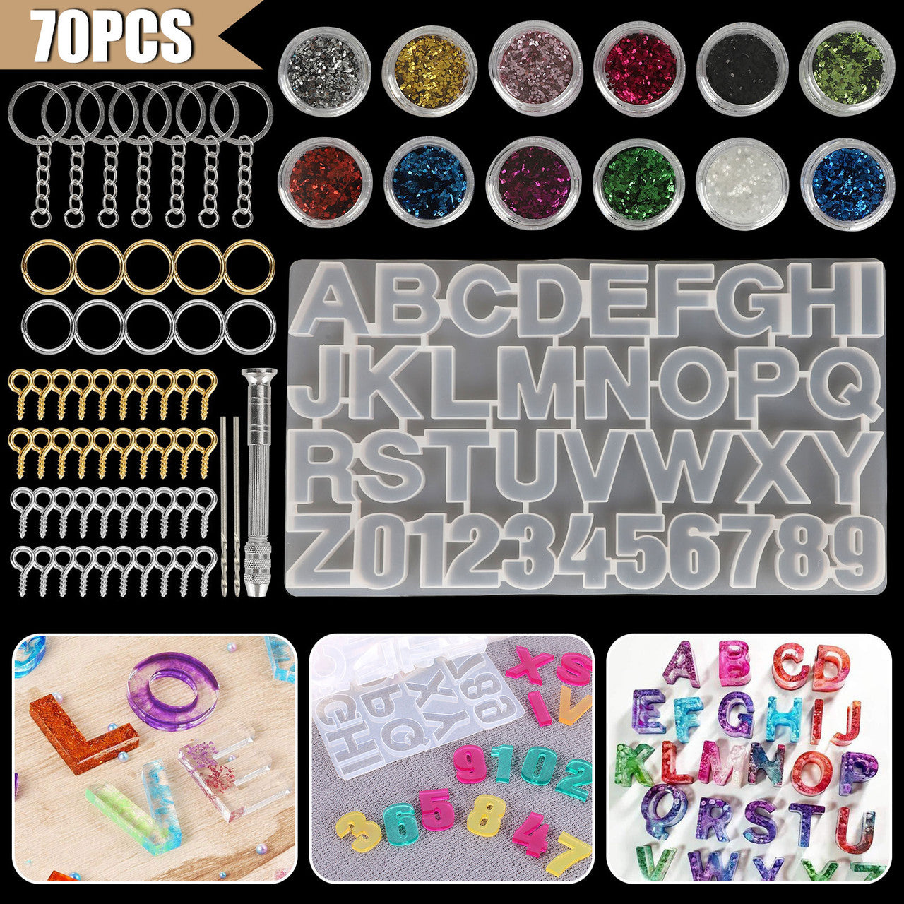 Backward Letter Number Keychain Craft Casting Molds, DIY Jewelry Epoxy Molds Kit w/ Letter Resin Molds, Screw Eye Pins, Silver Key Rings, Shining Paillette, 70Pcs
