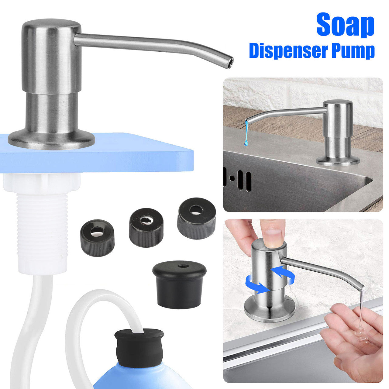 Soap Dispenser Extension 47" Tube Kit for Kitchen Sink and Tube Kit(Brass Brushed Nickel), Stainless Press Head with Silicone Tube Connects Directly to Soap Bottle, No More Refills