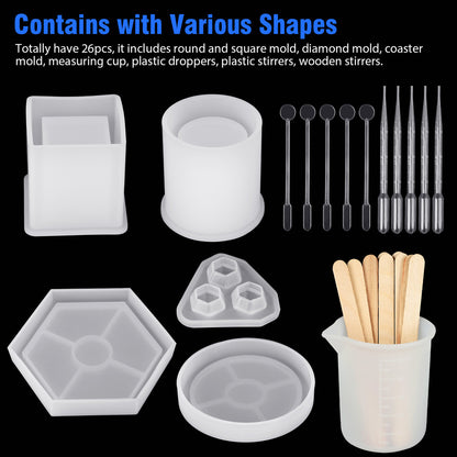 26Pcs Silicone Resin Casting Molds Tools Set, Includes Cube Pyramid Square Round Epoxy Molds, Measurement Cup and Sticks, for DIY Coaster, Pen Soap Candle Holder